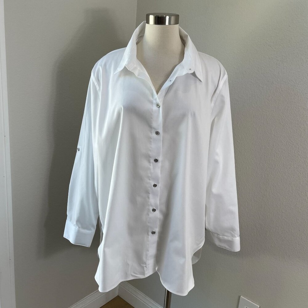 Calvin Klein Womens Plus 1X Button Up White Shirt Relax Fit Roll Tab Sleeve Top‎